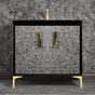 Linkasink - Mother of Pearl with 8'' Black Tiger Artisan Glass Prism, 36'' Wide Vanity, Black, Satin Brass Hardware with White Glass, 36'' x 22'' x 33.5'' (without vanity top) - Satin Brass with Black Tiger Prism Glass
