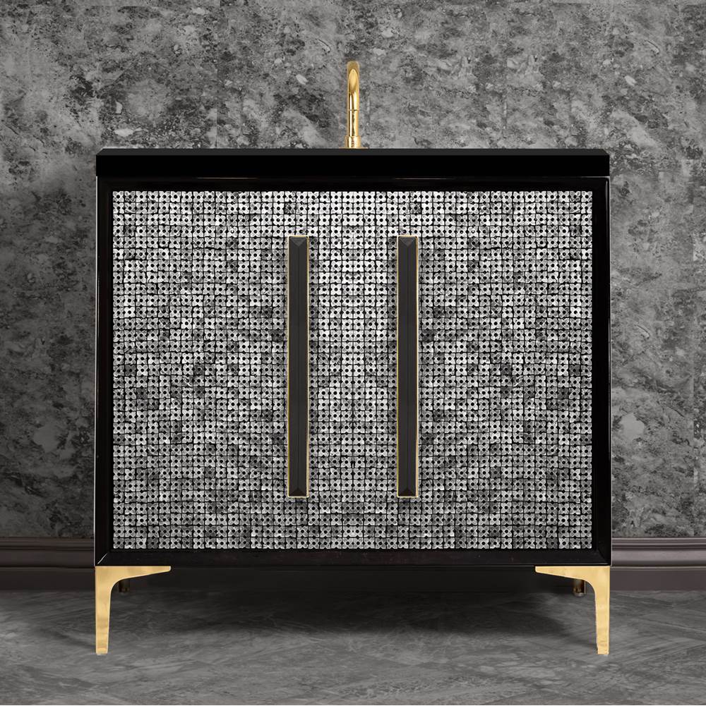 Linkasink - MOTHER OF PEARL with 18'' Artisan Glass Prism Hardware 36'' Wide Vanity, Black, Polished Brass Hardware, 36'' x 22'' x 33.5'' (without vanity top) - Polished Brass with Black Prism Glass