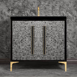 Linkasink - MOTHER OF PEARL with 18'' Artisan Glass Prism Hardware 36'' Wide Vanity, Black, Polished Brass Hardware, 36'' x 22'' x 33.5'' (without vanity top) - Polished Brass with Black Prism Glass