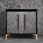 Linkasink - MOTHER OF PEARL with 18'' Artisan Glass Prism Hardware 36'' Wide Vanity, Black, Polished Brass Hardware, 36'' x 22'' x 33.5'' (without vanity top) - Polished Brass with Black Prism Glass