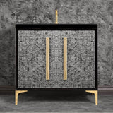 Linkasink - MOTHER OF PEARL with 18'' Artisan Glass Prism Hardware 36'' Wide Vanity, Black, Polished Brass Hardware, 36'' x 22'' x 33.5'' (without vanity top) - Polished Brass with Eglomise Prism Glass