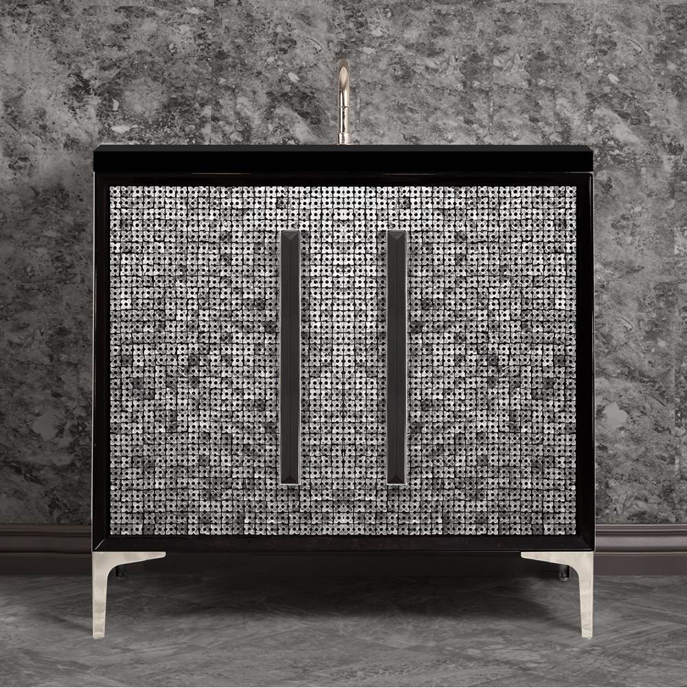 Linkasink - MOTHER OF PEARL with 18'' Artisan Glass Prism Hardware 36'' Wide Vanity, Black, Polished Nickel Hardware, 36'' x 22'' x 33.5'' (without vanity top) - Polished Nickel with Black Prism Glass