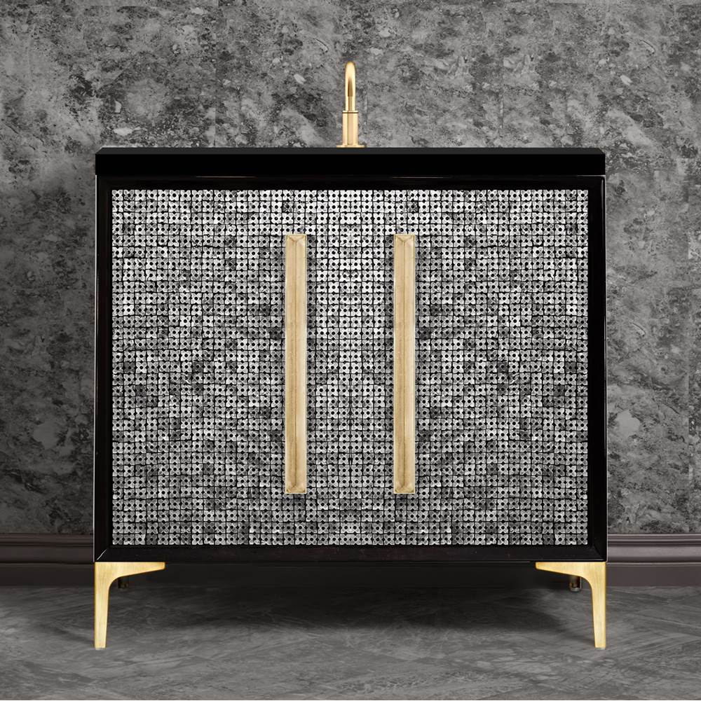 Linkasink - MOTHER OF PEARL with 18'' Artisan Glass Prism Hardware 36'' Wide Vanity, Black, Satin Brass Hardware, 36'' x 22'' x 33.5'' (without vanity top) - Satin Brass with Eglomise Prism Glass