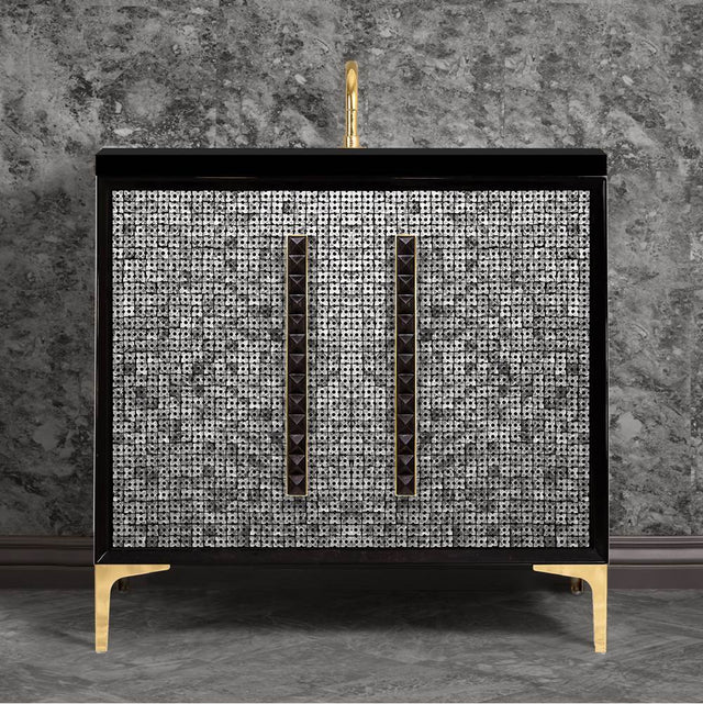 Linkasink - MOTHER OF PEARL with 18'' Artisan Glass Pyramid Hardware 36'' Wide Vanity, Black, Polished Brass Hardware, 36'' x 22'' x 33.5'' (without vanity top) - Polished Brass with Black Pyramid Glass