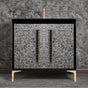 Linkasink - MOTHER OF PEARL with 18'' Artisan Glass Pyramid Hardware 36'' Wide Vanity, Black, Polished Brass Hardware, 36'' x 22'' x 33.5'' (without vanity top) - Polished Brass with Black Pyramid Glass