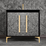 Linkasink - MOTHER OF PEARL with 18'' Artisan Glass Pyramid Hardware 36'' Wide Vanity, Black, Polished Brass Hardware, 36'' x 22'' x 33.5'' (without vanity top) - Polished Brass with Ã‰glomisÃ© Pyramid Glass