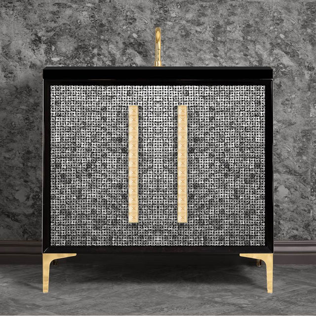 Linkasink - MOTHER OF PEARL with 18'' Artisan Glass Pyramid Hardware 36'' Wide Vanity, Black, Polished Brass Hardware, 36'' x 22'' x 33.5'' (without vanity top) - Polished Brass with Ã‰glomisÃ© Pyramid Glass