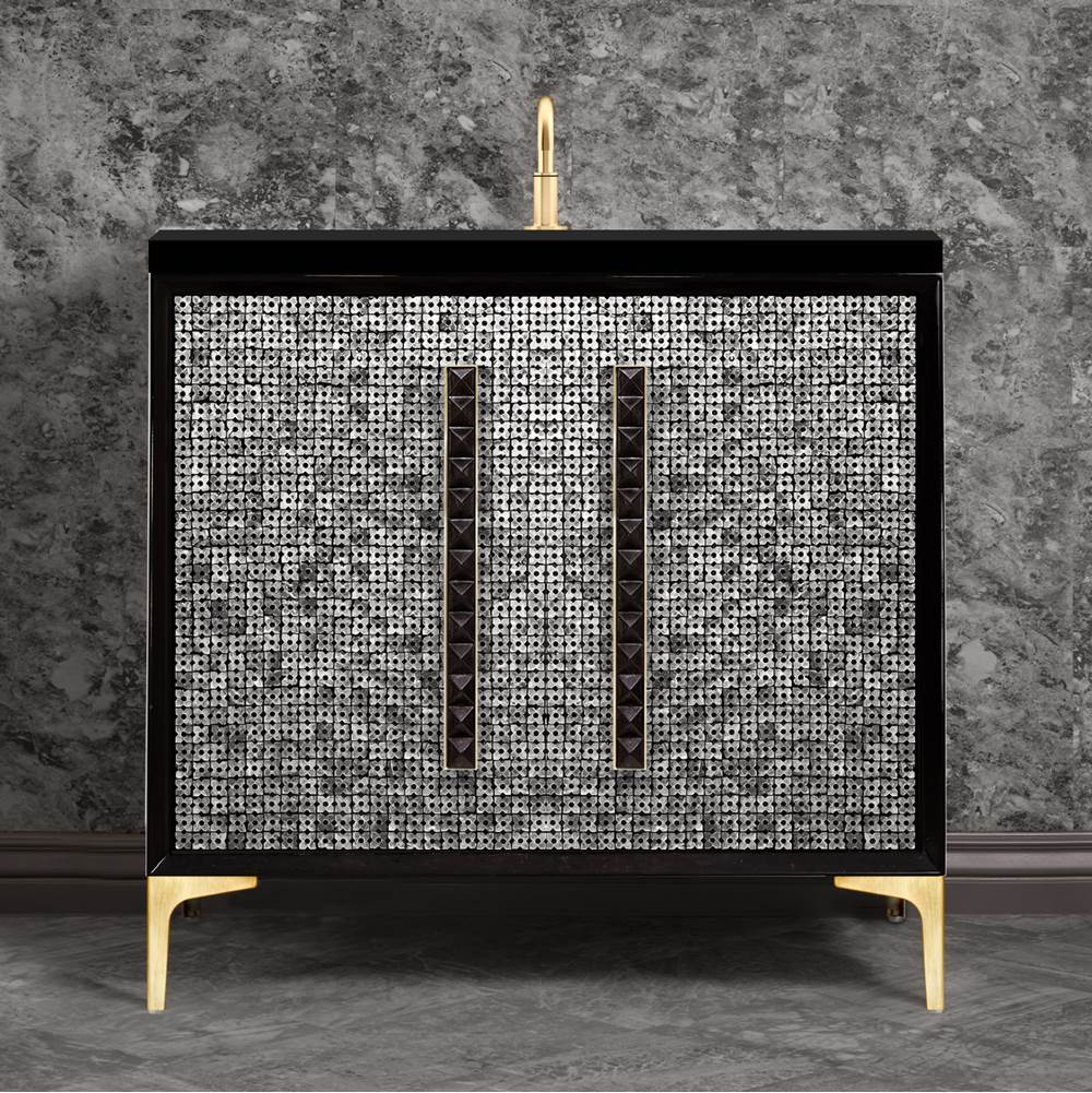 Linkasink - MOTHER OF PEARL with 18'' Artisan Glass Pyramid Hardware 36'' Wide Vanity, Black, Satin Brass Hardware, 36'' x 22'' x 33.5'' (without vanity top) - Satin Brass with Black Pyramid Glass