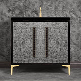 Linkasink - MOTHER OF PEARL with 18'' Artisan Glass Pyramid Hardware 36'' Wide Vanity, Black, Satin Brass Hardware, 36'' x 22'' x 33.5'' (without vanity top) - Satin Brass with Black Pyramid Glass