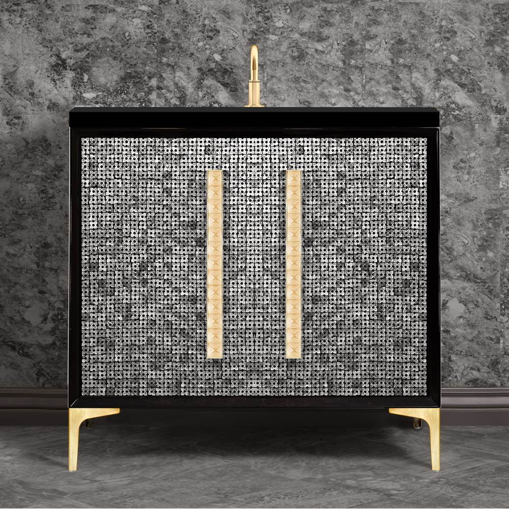 Linkasink - MOTHER OF PEARL with 18'' Artisan Glass Pyramid Hardware 36'' Wide Vanity, Black, Satin Brass Hardware, 36'' x 22'' x 33.5'' (without vanity top) - Satin Brass with Ã‰glomisÃ© Pyramid Glass
