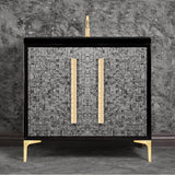 Linkasink - MOTHER OF PEARL with 18'' Artisan Glass Pyramid Hardware 36'' Wide Vanity, Black, Satin Brass Hardware, 36'' x 22'' x 33.5'' (without vanity top) - Satin Brass with Ã‰glomisÃ© Pyramid Glass