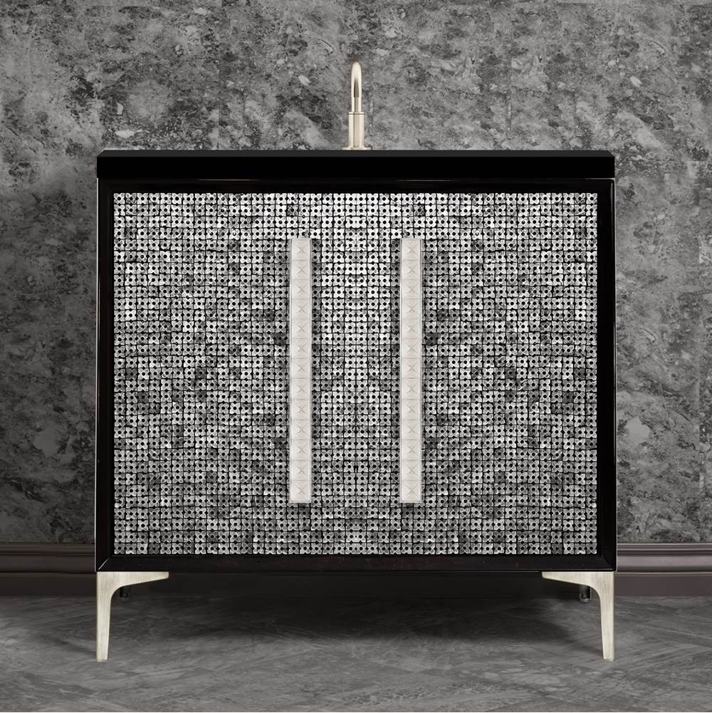 Linkasink - MOTHER OF PEARL with 18'' Artisan Glass Pyramid Hardware 36'' Wide Vanity, Black, Satin Nickel Hardware, 36'' x 22'' x 33.5'' (without vanity top) - Satin Nickel with Eglomise Pyramid Glass