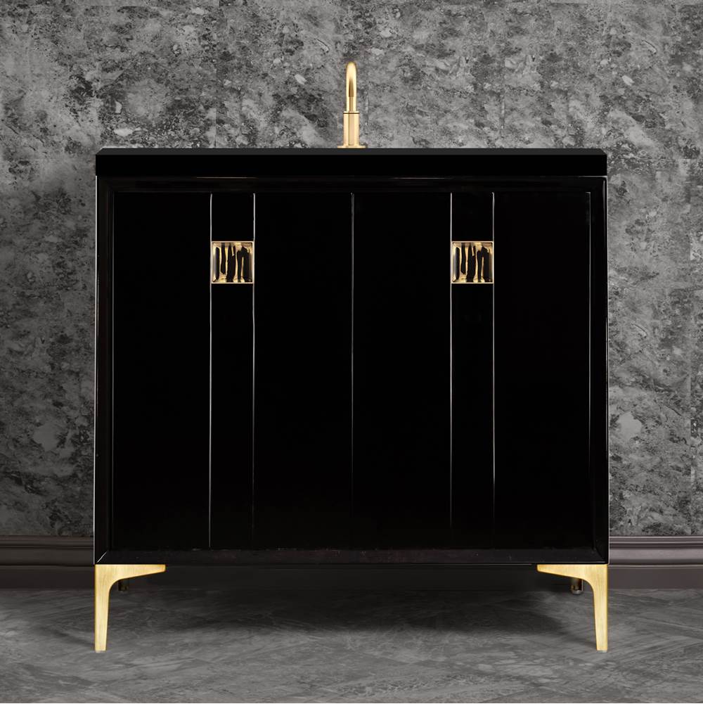 Linkasink - Tuxedo with 3'' Black Tiger Artisan Glass Prism, 36'' Wide Vanity, Black, Satin Brass Hardware with White Glass, 36'' x 22'' x 33.5'' (without vanity top) - Satin Brass with Black Tiger Prism Glass