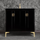 Linkasink - Tuxedo with 3'' Black Tiger Artisan Glass Prism, 36'' Wide Vanity, Black, Satin Brass Hardware with White Glass, 36'' x 22'' x 33.5'' (without vanity top) - Satin Brass with Black Tiger Prism Glass