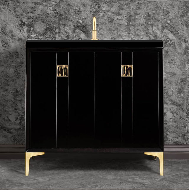 Linkasink - Tuxedo with 3'' Black Tiger Artisan Glass Prism, 36'' Wide Vanity, Black, Satin Brass Hardware with White Glass, 36'' x 22'' x 33.5'' (without vanity top) - Satin Brass with Black Tiger Prism Glass