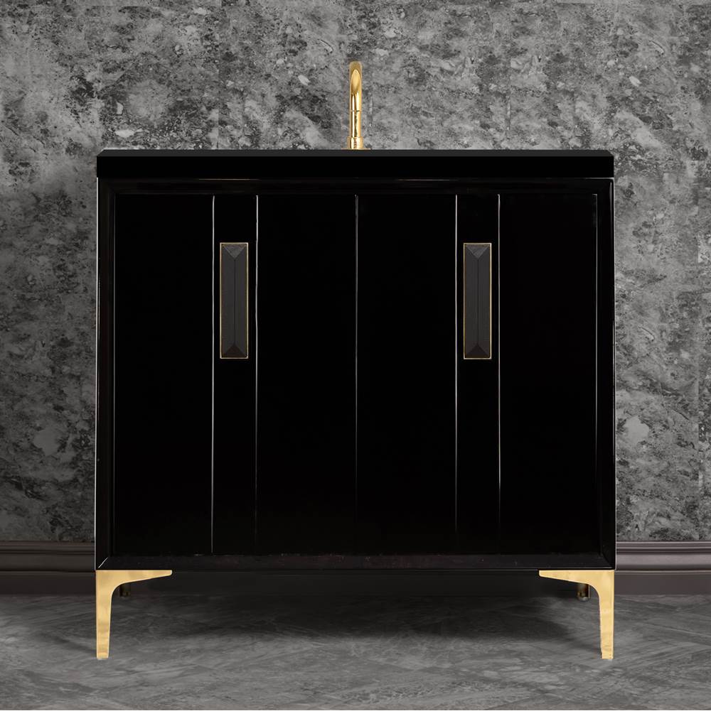 Linkasink - TUXEDO with 8'' Artisan Glass Prism Hardware 36'' Wide Vanity, Black, Polished Brass Hardware, 36'' x 22'' x 33.5'' (without vanity top) - Polished Brass with Black Prism Glass