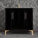 Linkasink - TUXEDO with 8'' Artisan Glass Prism Hardware 36'' Wide Vanity, Black, Polished Brass Hardware, 36'' x 22'' x 33.5'' (without vanity top) - Polished Brass with Black Prism Glass