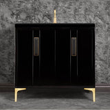 Linkasink - TUXEDO with 8'' Artisan Glass Prism Hardware 36'' Wide Vanity, Black, Satin Brass Hardware, 36'' x 22'' x 33.5'' (without vanity top) - Satin Brass with Black Prism Glass