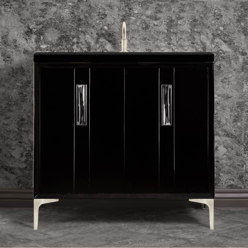 Linkasink - Tuxedo with 8'' Black Tiger Artisan Glass Prism, 36'' Wide Vanity, Black, Satin Brass Hardware with White Glass, 36'' x 22'' x 33.5'' (without vanity top) - Satin Brass with Black Tiger Prism Glass