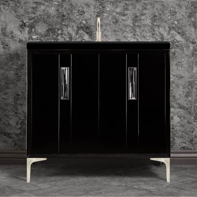 Linkasink - Tuxedo with 8'' Black Tiger Artisan Glass Prism, 36'' Wide Vanity, Black, Satin Brass Hardware with White Glass, 36'' x 22'' x 33.5'' (without vanity top) - Satin Brass with Black Tiger Prism Glass