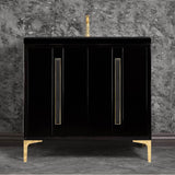 Linkasink - TUXEDO with 18'' Artisan Glass Prism Hardware 36'' Wide Vanity, Black, Polished Brass Hardware, 36'' x 22'' x 33.5'' (without vanity top) - Polished Brass with Black Prism Glass