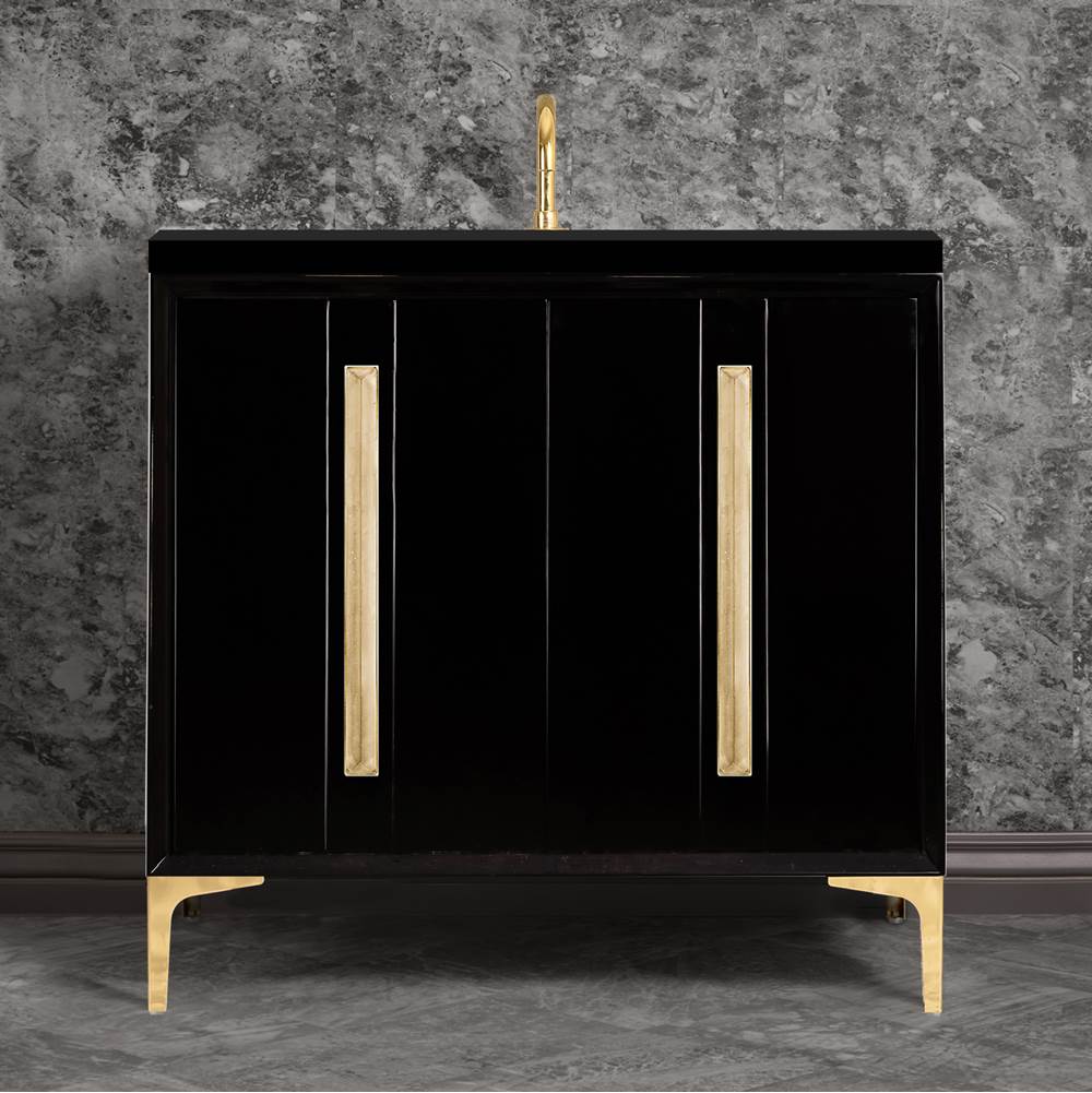 Linkasink - TUXEDO with 18'' Artisan Glass Prism Hardware 36'' Wide Vanity, Black, Polished Brass Hardware, 36'' x 22'' x 33.5'' (without vanity top) - Polished Brass with Eglomise Prism Glass