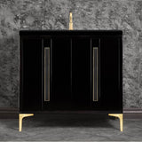 Linkasink - TUXEDO with 18'' Artisan Glass Prism Hardware 36'' Wide Vanity, Black, Satin Brass Hardware, 36'' x 22'' x 33.5'' (without vanity top) - Satin Brass with Black Prism Glass