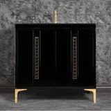 Linkasink - TUXEDO with 18'' Artisan Glass Pyramid Hardware 36'' Wide Vanity, Black, Polished Brass Hardware, 36'' x 22'' x 33.5'' (without vanity top) - Polished Brass with Black Pyramid Glass