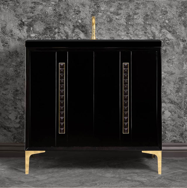 Linkasink - TUXEDO with 18'' Artisan Glass Pyramid Hardware 36'' Wide Vanity, Black, Polished Brass Hardware, 36'' x 22'' x 33.5'' (without vanity top) - Polished Brass with Black Pyramid Glass