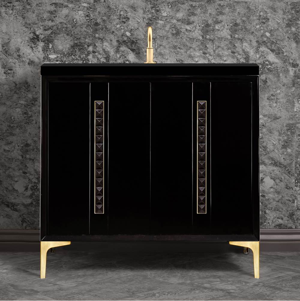 Linkasink - TUXEDO with 18'' Artisan Glass Pyramid Hardware 36'' Wide Vanity, Black, Satin Brass Hardware, 36'' x 22'' x 33.5'' (without vanity top) - Satin Brass with Black Pyramid Glass