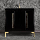 Linkasink - TUXEDO with 18'' Artisan Glass Pyramid Hardware 36'' Wide Vanity, Black, Satin Brass Hardware, 36'' x 22'' x 33.5'' (without vanity top) - Satin Brass with Black Pyramid Glass