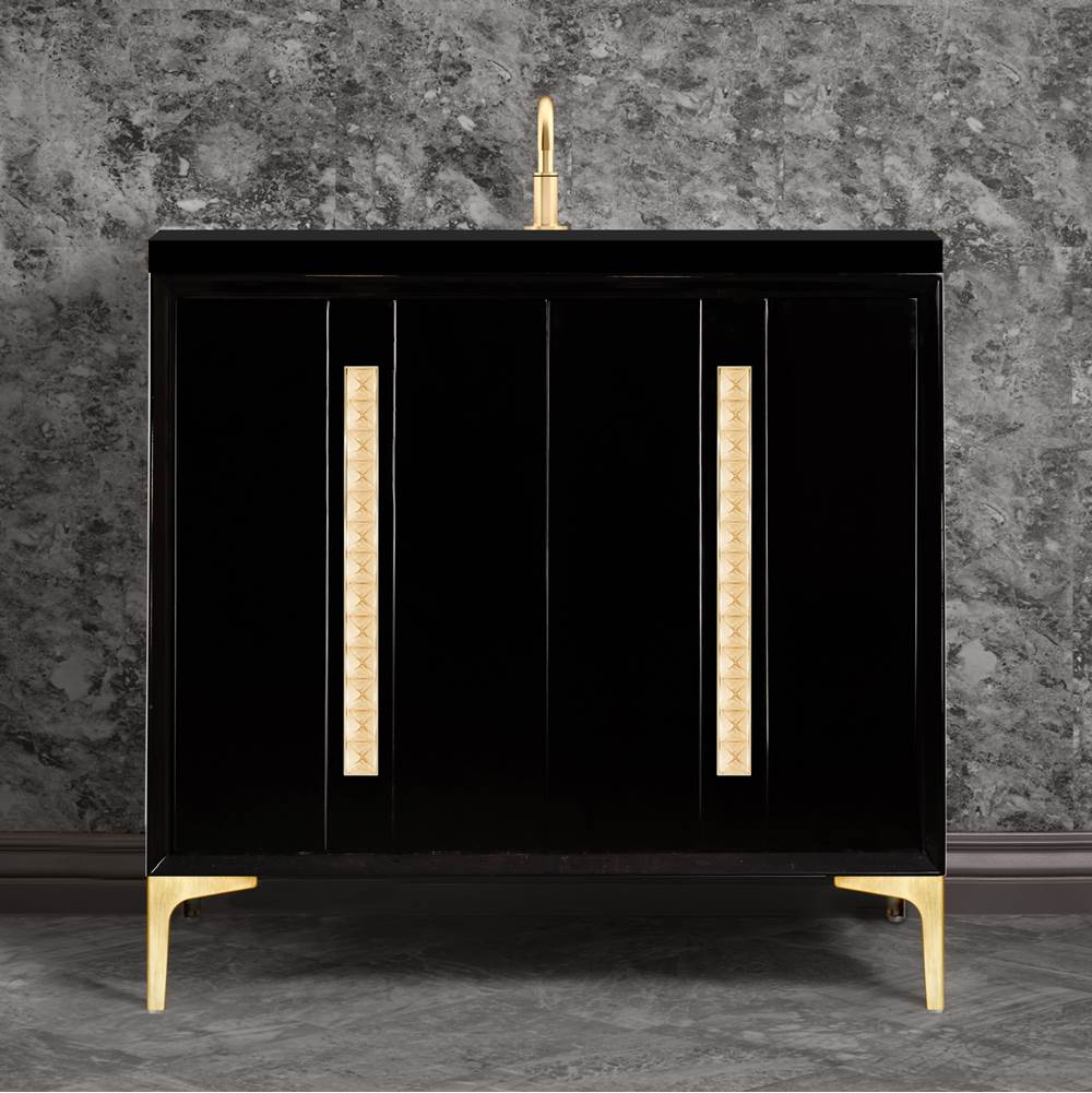 Linkasink - TUXEDO with 18'' Artisan Glass Pyramid Hardware 36'' Wide Vanity, Black, Satin Brass Hardware, 36'' x 22'' x 33.5'' (without vanity top) - Satin Brass with Ã‰glomisÃ© Pyramid Glass