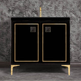 Linkasink - LINEA with 3'' Artisan Glass Prism Hardware 36'' Wide Vanity, Black, Polished Brass Hardware, 36'' x 22'' x 33.5'' (without vanity top) - Polished Brass with Black Prism Glass
