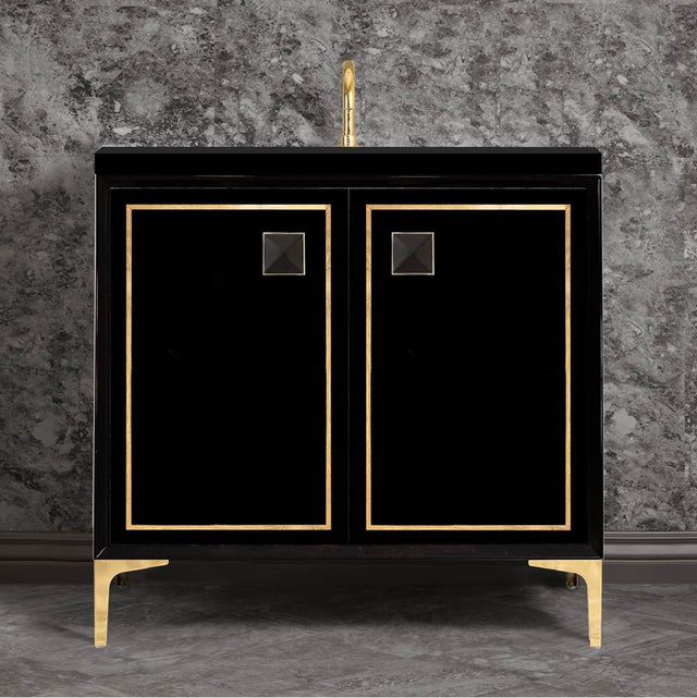 Linkasink - LINEA with 3'' Artisan Glass Prism Hardware 36'' Wide Vanity, Black, Polished Brass Hardware, 36'' x 22'' x 33.5'' (without vanity top) - Polished Brass with Black Prism Glass