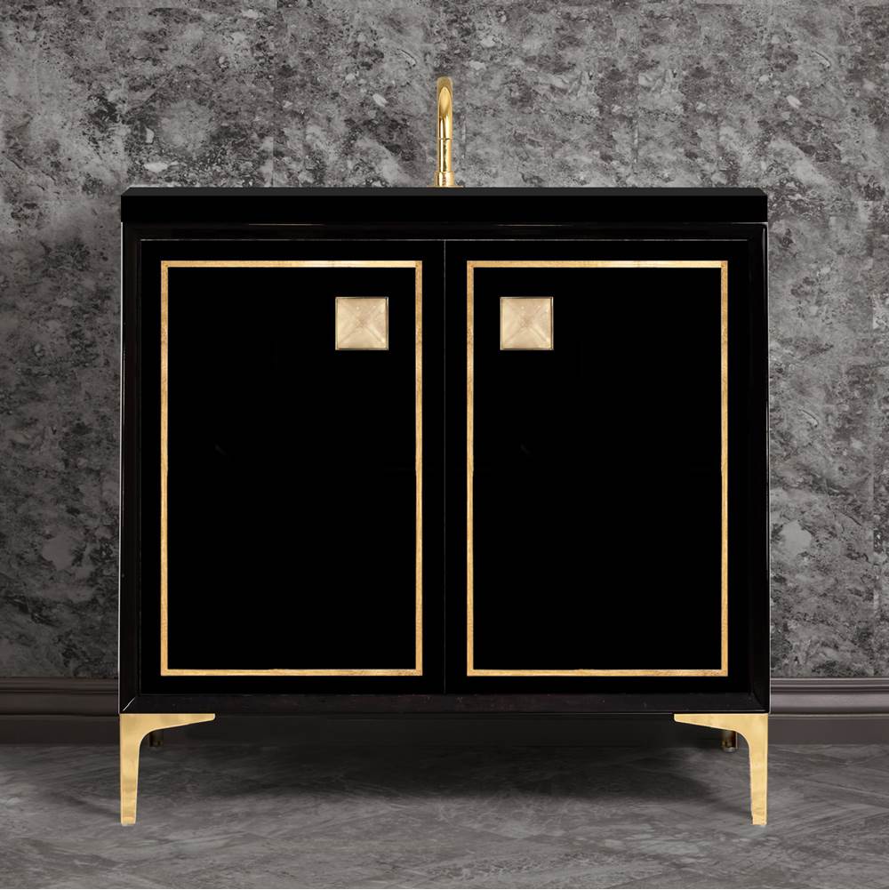 Linkasink - LINEA with 3'' Artisan Glass Prism Hardware 36'' Wide Vanity, Black, Polished Brass Hardware, 36'' x 22'' x 33.5'' (without vanity top) - Polished Brass with Eglomise Prism Glass