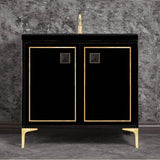 Linkasink - LINEA with 3'' Artisan Glass Prism Hardware 36'' Wide Vanity, Black, Satin Brass Hardware, 36'' x 22'' x 33.5'' (without vanity top) - Satin Brass with Black Prism Glass
