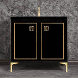 Linkasink - Linea with 3'' Black Tiger Artisan Glass Prism, 36'' Wide Vanity, Black, Satin Brass Hardware with White Glass, 36'' x 22'' x 33.5'' (without vanity top) - Satin Brass with Black Tiger Prism Glass