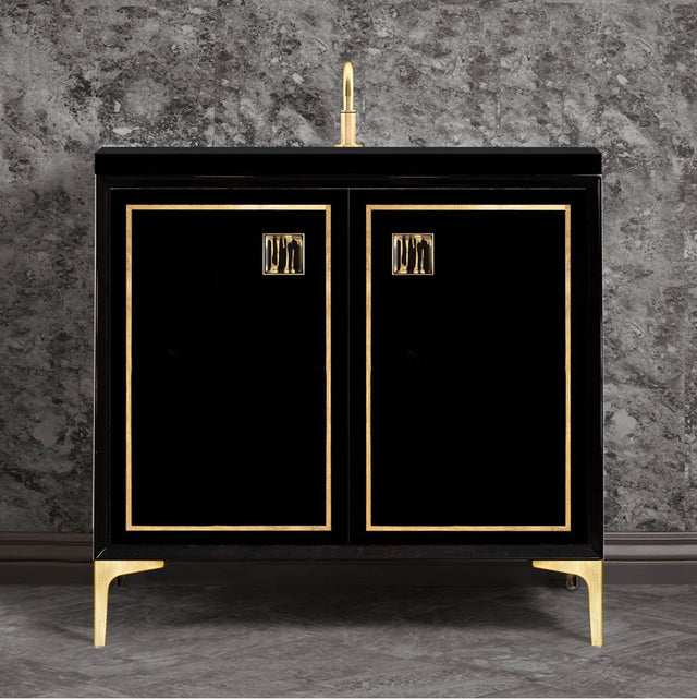 Linkasink - Linea with 3'' Black Tiger Artisan Glass Prism, 36'' Wide Vanity, Black, Satin Brass Hardware with White Glass, 36'' x 22'' x 33.5'' (without vanity top) - Satin Brass with Black Tiger Prism Glass