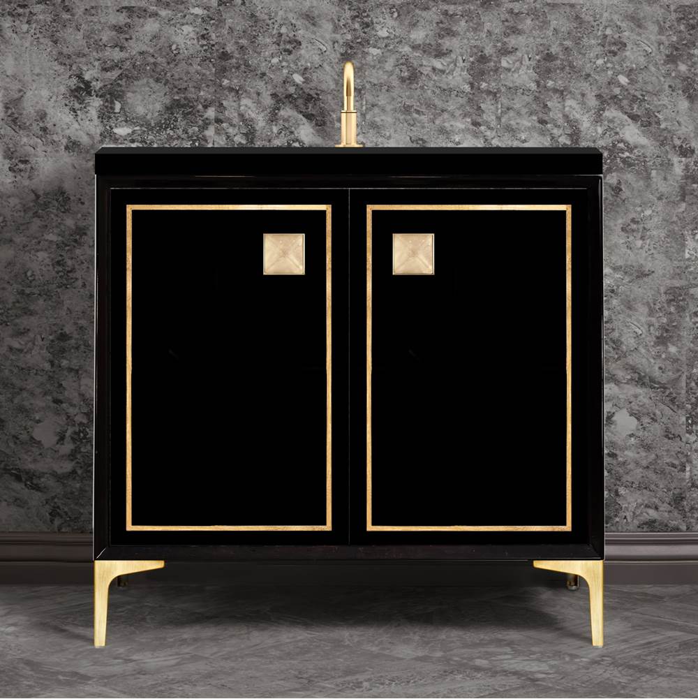 Linkasink - LINEA with 3'' Artisan Glass Prism Hardware 36'' Wide Vanity, Black, Satin Brass Hardware, 36'' x 22'' x 33.5'' (without vanity top) - Satin Brass with Eglomise Prism Glass
