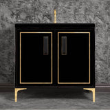 Linkasink - LINEA with 8'' Artisan Glass Prism Hardware 36'' Wide Vanity, Black, Polished Brass Hardware, 36'' x 22'' x 33.5'' (without vanity top) - Polished Brass with Black Prism Glass