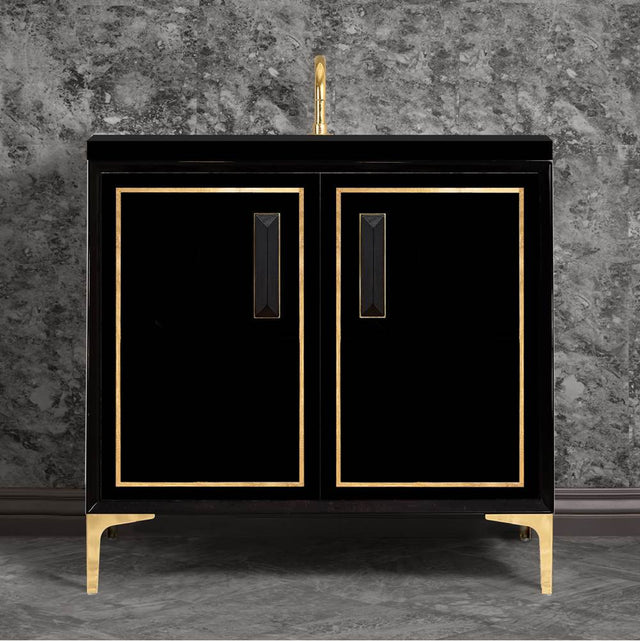 Linkasink - LINEA with 8'' Artisan Glass Prism Hardware 36'' Wide Vanity, Black, Polished Brass Hardware, 36'' x 22'' x 33.5'' (without vanity top) - Polished Brass with Black Prism Glass