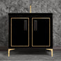 Linkasink - LINEA with 8'' Artisan Glass Prism Hardware 36'' Wide Vanity, Black, Polished Brass Hardware, 36'' x 22'' x 33.5'' (without vanity top) - Polished Brass with Black Prism Glass