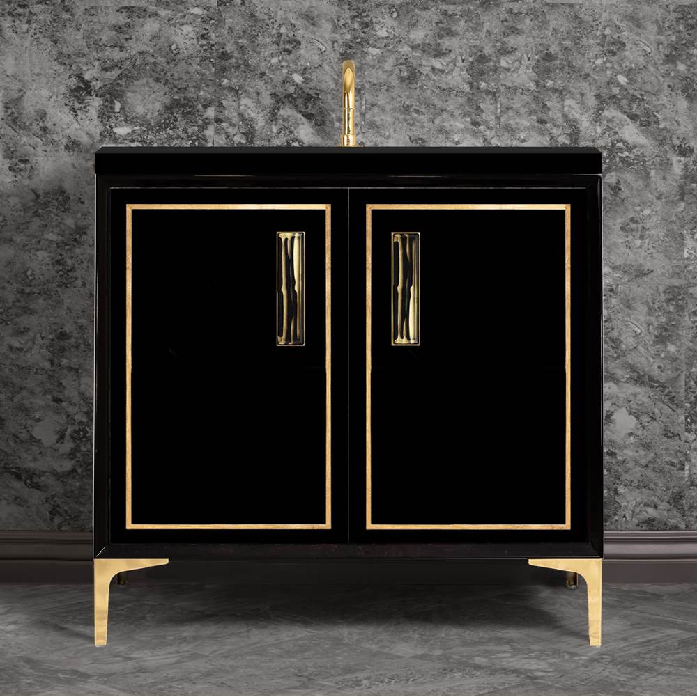 Linkasink - LINEA with 8'' Artisan Glass Prism Hardware 36'' Wide Vanity, Black, Polished Brass Hardware, 36'' x 22'' x 33.5'' (without vanity top) - Polished Brass with Black Tiger Prism Glass