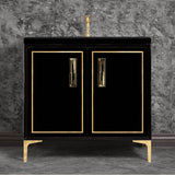 Linkasink - LINEA with 8'' Artisan Glass Prism Hardware 36'' Wide Vanity, Black, Polished Brass Hardware, 36'' x 22'' x 33.5'' (without vanity top) - Polished Brass with Black Tiger Prism Glass