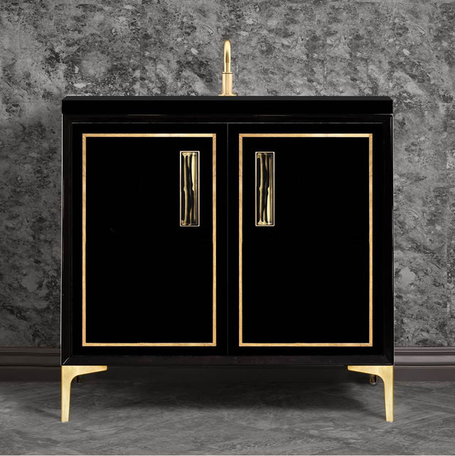 Linkasink - Linea with 8'' Black Tiger Artisan Glass Prism, 36'' Wide Vanity, Black, Satin Brass Hardware with White Glass, 36'' x 22'' x 33.5'' (without vanity top) - Satin Brass with Black Tiger Prism Glass