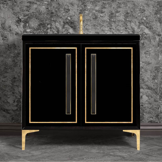 Linkasink - LINEA with 18'' Artisan Glass Prism Hardware 36'' Wide Vanity, Black, Polished Brass Hardware, 36'' x 22'' x 33.5'' (without vanity top) - Polished Brass with Black Prism Glass