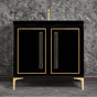 Linkasink - LINEA with 18'' Artisan Glass Prism Hardware 36'' Wide Vanity, Black, Polished Brass Hardware, 36'' x 22'' x 33.5'' (without vanity top) - Polished Brass with Black Prism Glass