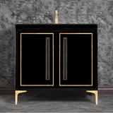 Linkasink - LINEA with 18'' Artisan Glass Prism Hardware 36'' Wide Vanity, Black, Satin Brass Hardware, 36'' x 22'' x 33.5'' (without vanity top) - Satin Brass with Black Prism Glass