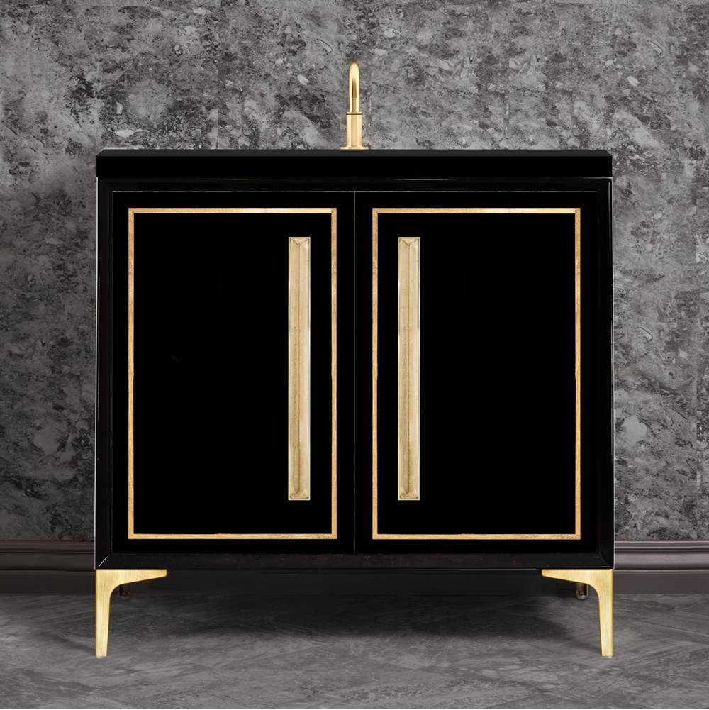 Linkasink - LINEA with 18'' Artisan Glass Prism Hardware 36'' Wide Vanity, Black, Satin Brass Hardware, 36'' x 22'' x 33.5'' (without vanity top) - Satin Brass with Eglomise Prism Glass