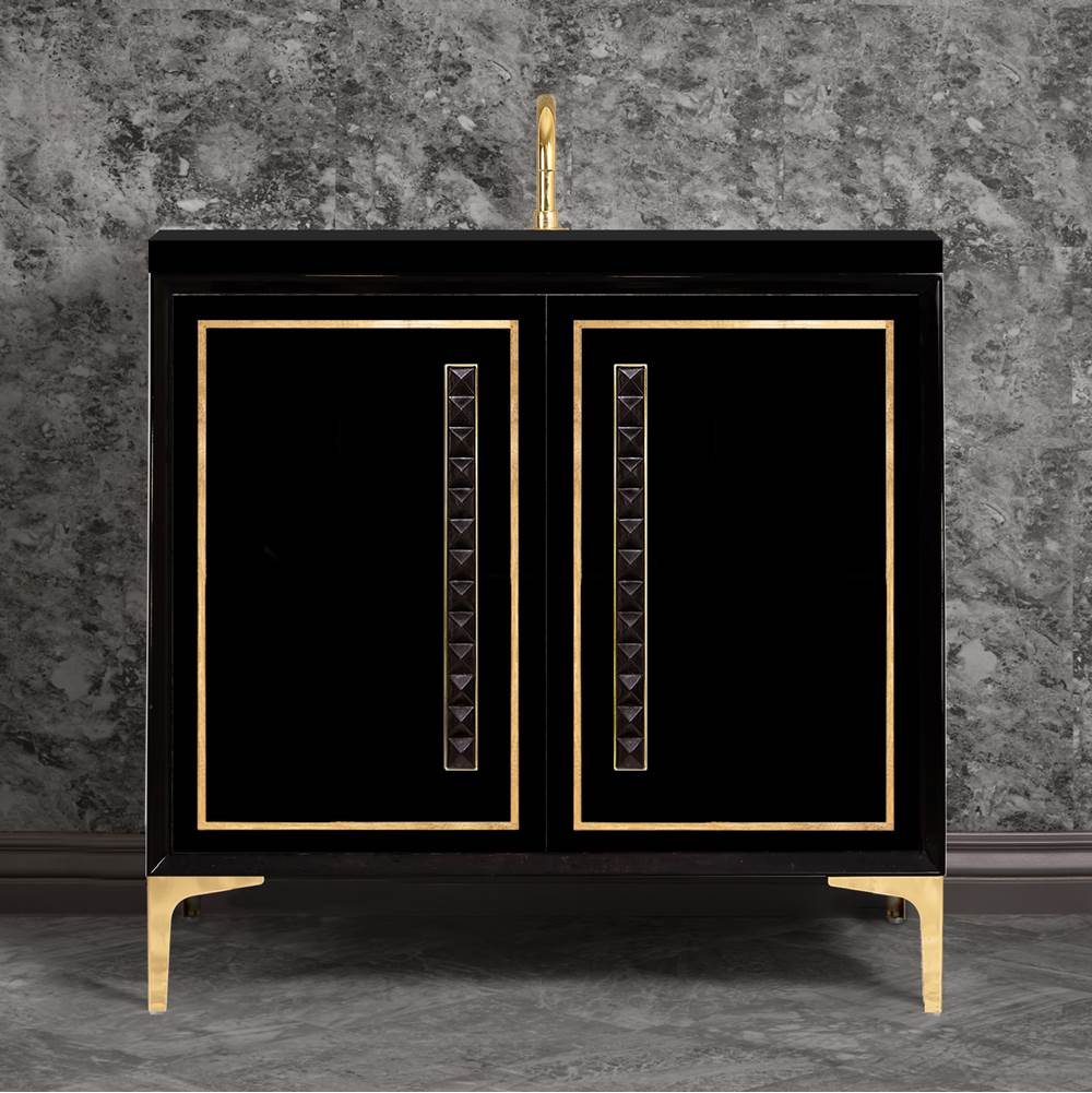 Linkasink - LINEA with 18'' Artisan Glass Pyramid Hardware 36'' Wide Vanity, Black, Polished Brass Hardware, 36'' x 22'' x 33.5'' (without vanity top) - Polished Brass with Black Pyramid Glass